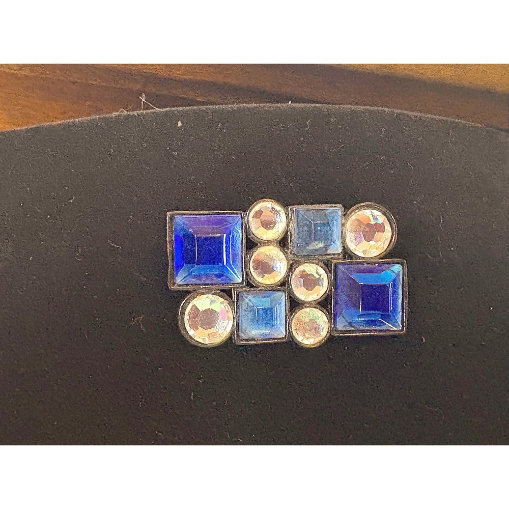 Vintage Geometric Rhinestone Brooch White & Blue Glass Square Stones Memphis Pin